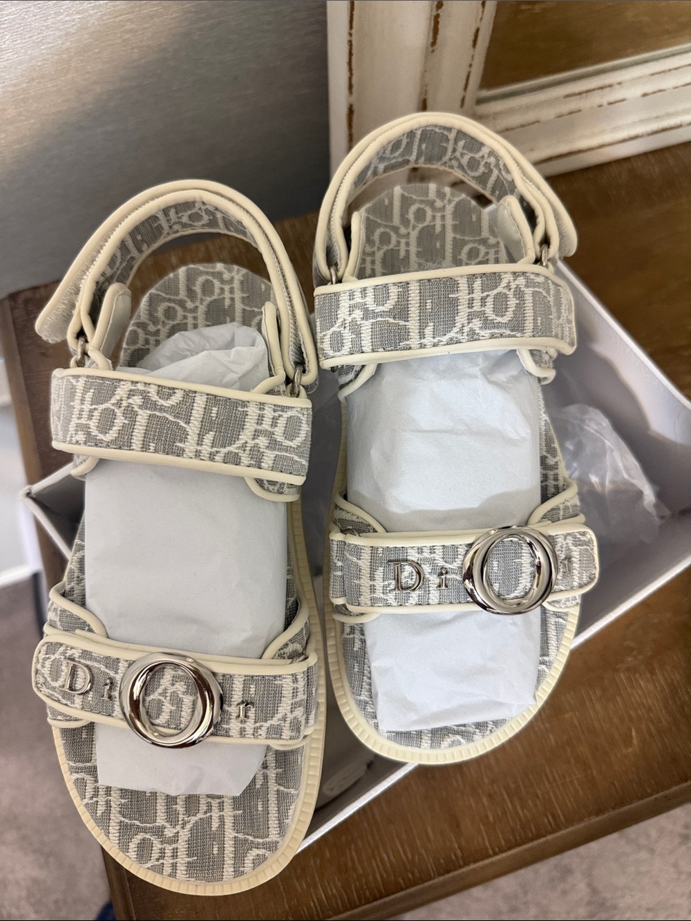 Private Label Gray and Cream Monogram Sandals with Silver Buckle